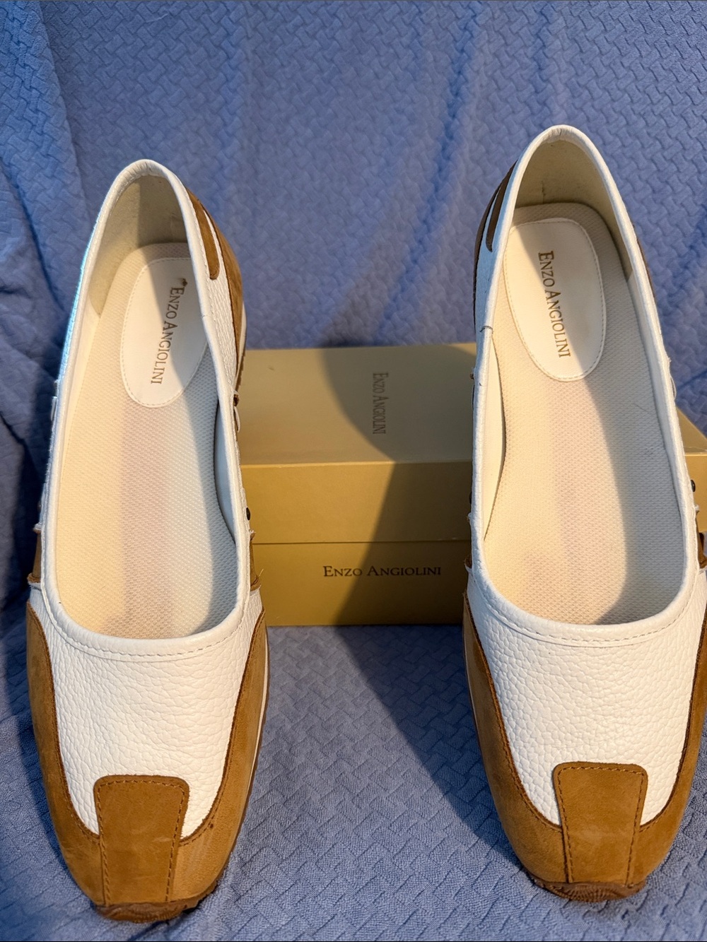 Enzo Angiolini White and Brown Leather Slip-On Loafers